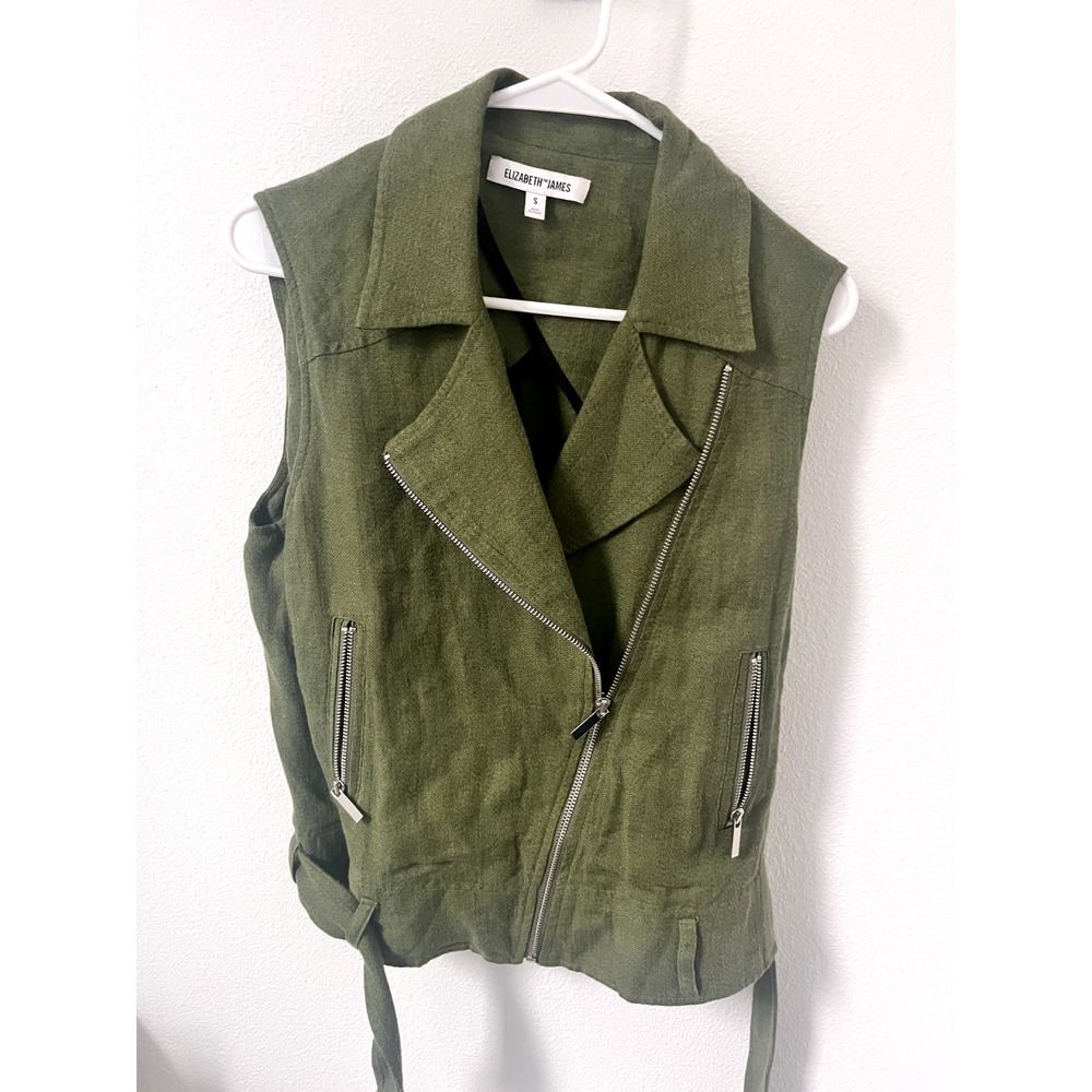 ELIZABETH AND JAMES Green Linen Biker Tegan Moto Jacket Vest ~Small